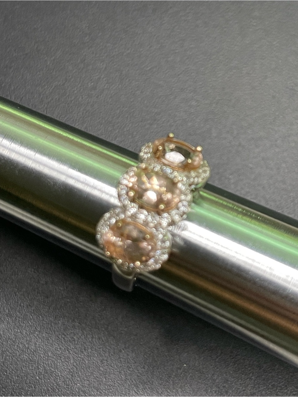 Three-Stone Oval Morganite and Diamond Halo Ring - Pink Morganite - Picture 3 of 5
